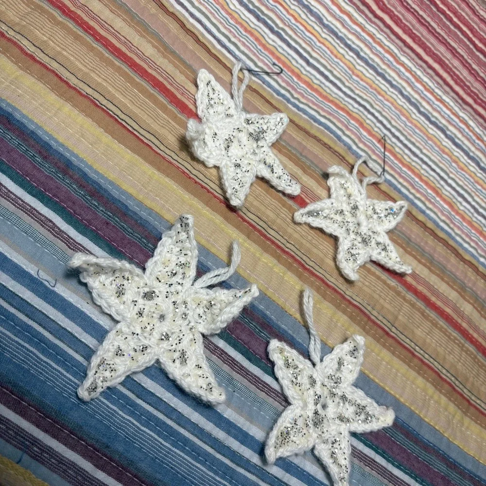 Handmade Crochet Christmas Ornaments Set of 8 Red Wreaths and Glitter Stars